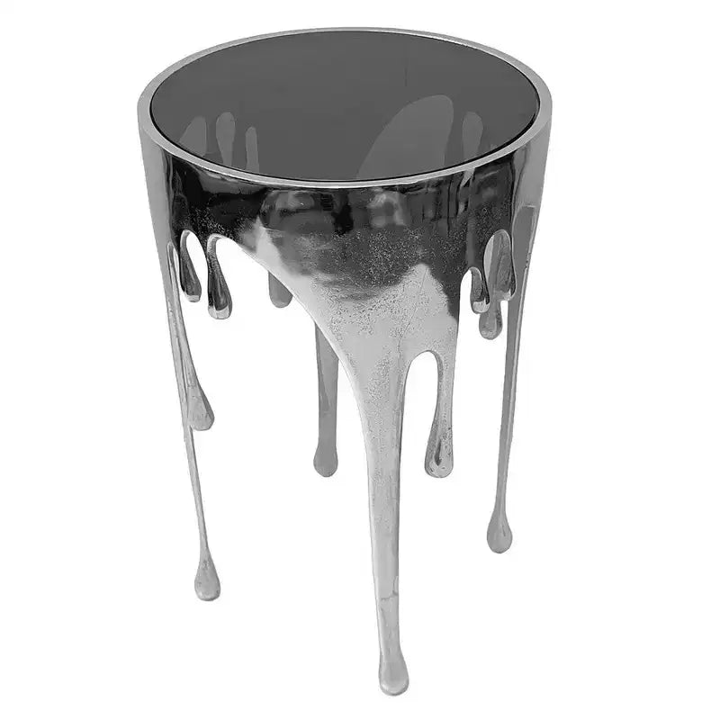 Tavolino scultoreo rotondo argento con piano in vetro nero – 1 Persona