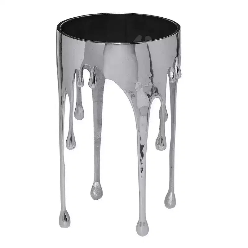 Tavolino scultoreo rotondo argento con piano in vetro nero – 1 Persona