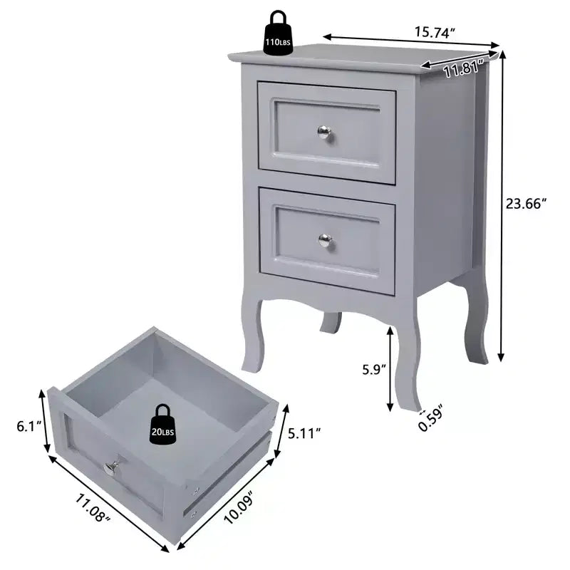 Comodino singolo bianco in legno a 2 cassetti con mensola portaoggetti