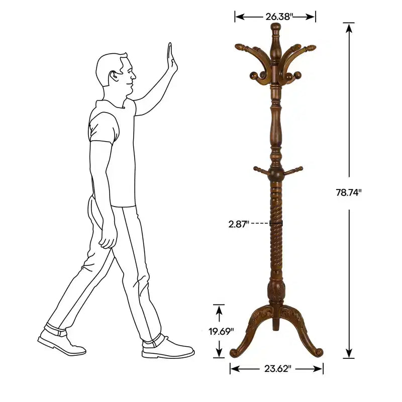 Appendiabiti da terra in legno di frassino color noce retrò con 8 ganci – 1-2 persone