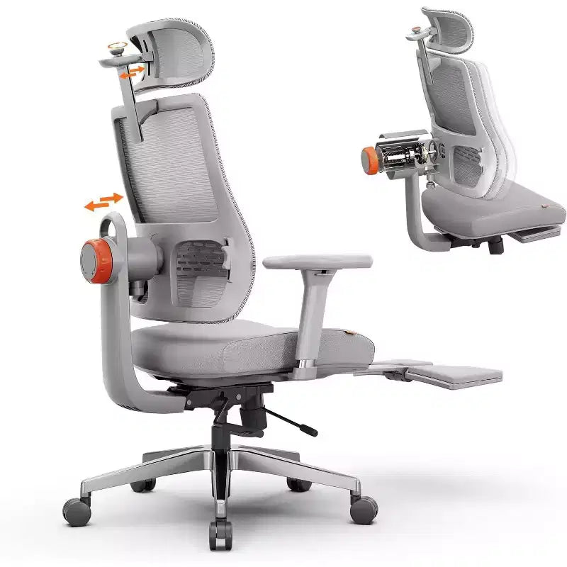 Sedia da ufficio ergonomica in rete grigia con poggiapiedi — Braccioli 4D, Seduta singola