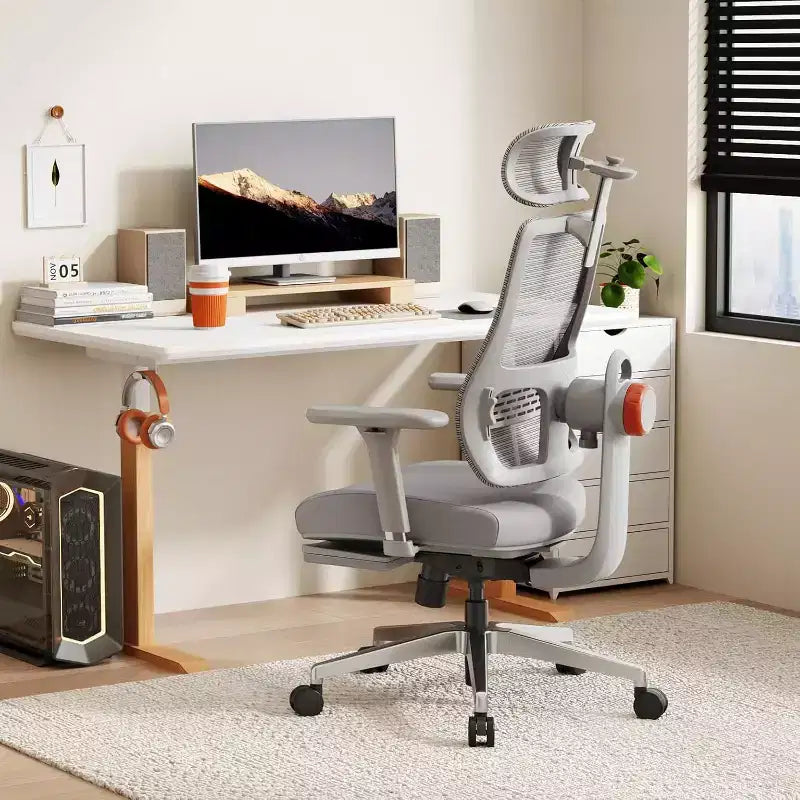 Sedia da ufficio ergonomica in rete grigia con poggiapiedi — Braccioli 4D, Seduta singola