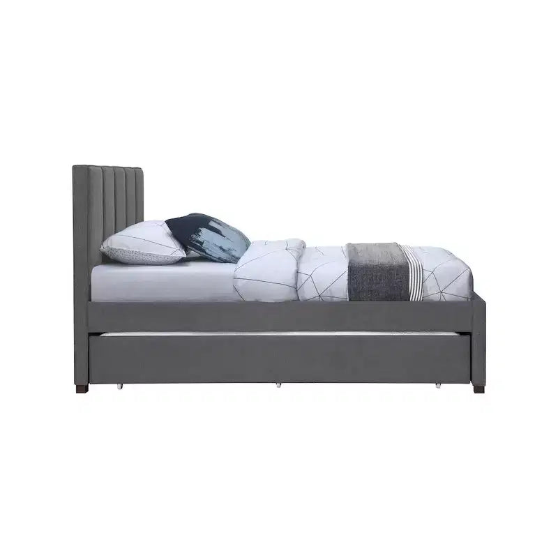 Letto estraibile doppio con struttura in lino beige/grigio/blu navy, rivestimento moderno, per 2 persone