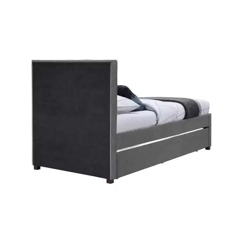 Letto estraibile doppio con struttura in lino beige/grigio/blu navy, rivestimento moderno, per 2 persone