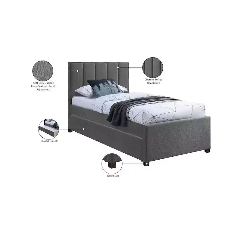 Letto estraibile doppio con struttura in lino beige/grigio/blu navy, rivestimento moderno, per 2 persone