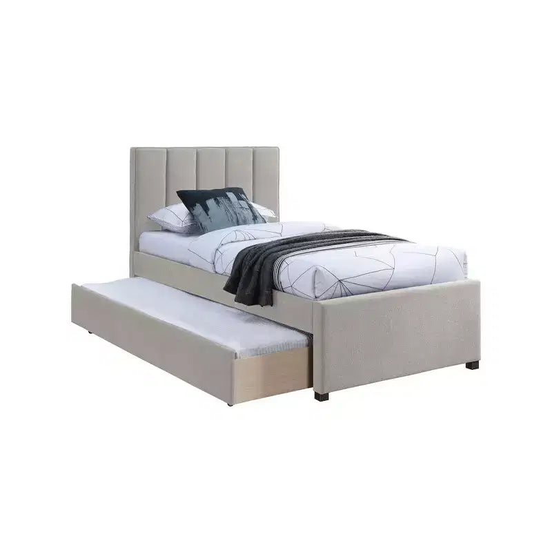 Letto estraibile doppio con struttura in lino beige/grigio/blu navy, rivestimento moderno, per 2 persone