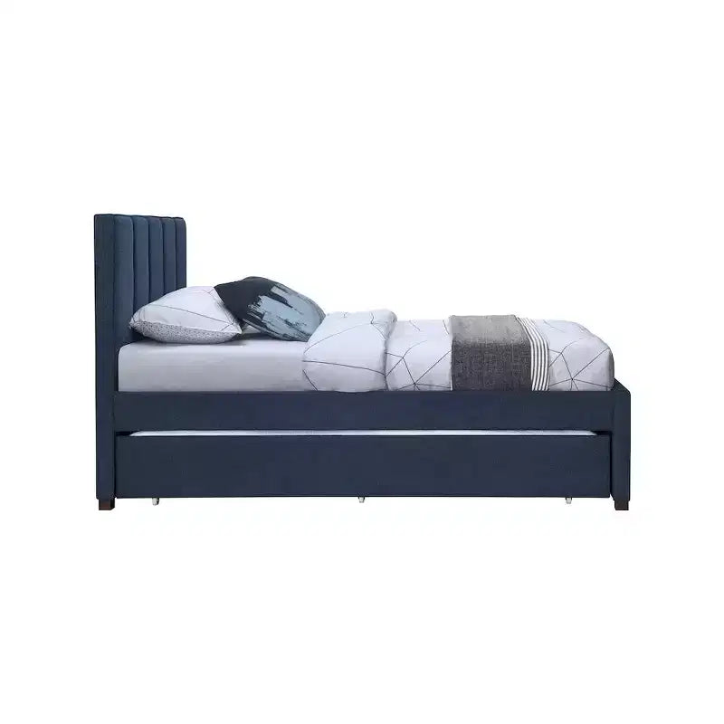 Letto estraibile doppio con struttura in lino beige/grigio/blu navy, rivestimento moderno, per 2 persone
