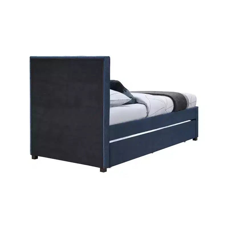 Letto estraibile doppio con struttura in lino beige/grigio/blu navy, rivestimento moderno, per 2 persone