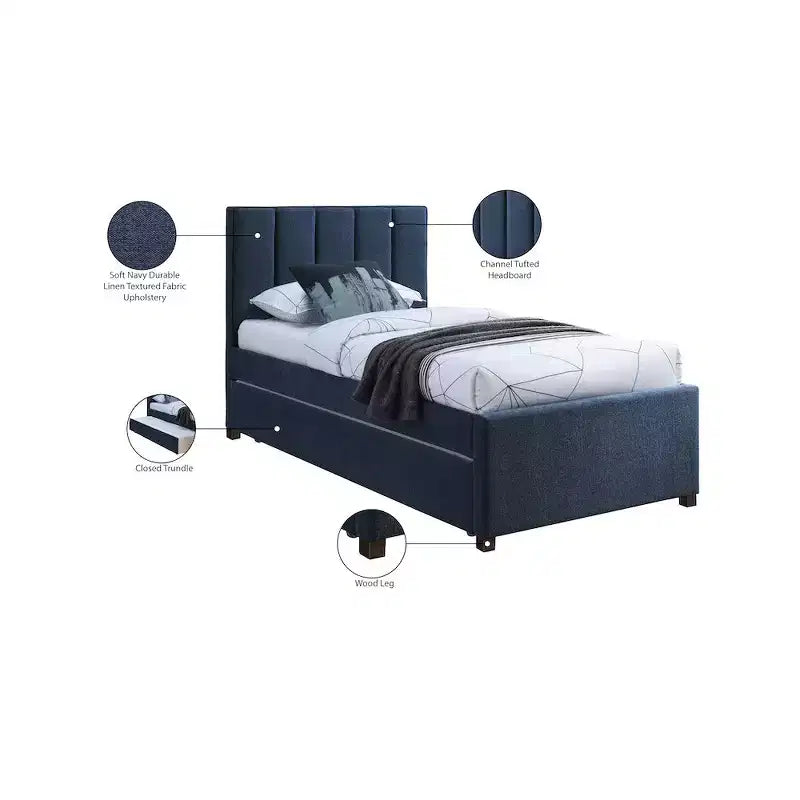Letto estraibile doppio con struttura in lino beige/grigio/blu navy, rivestimento moderno, per 2 persone