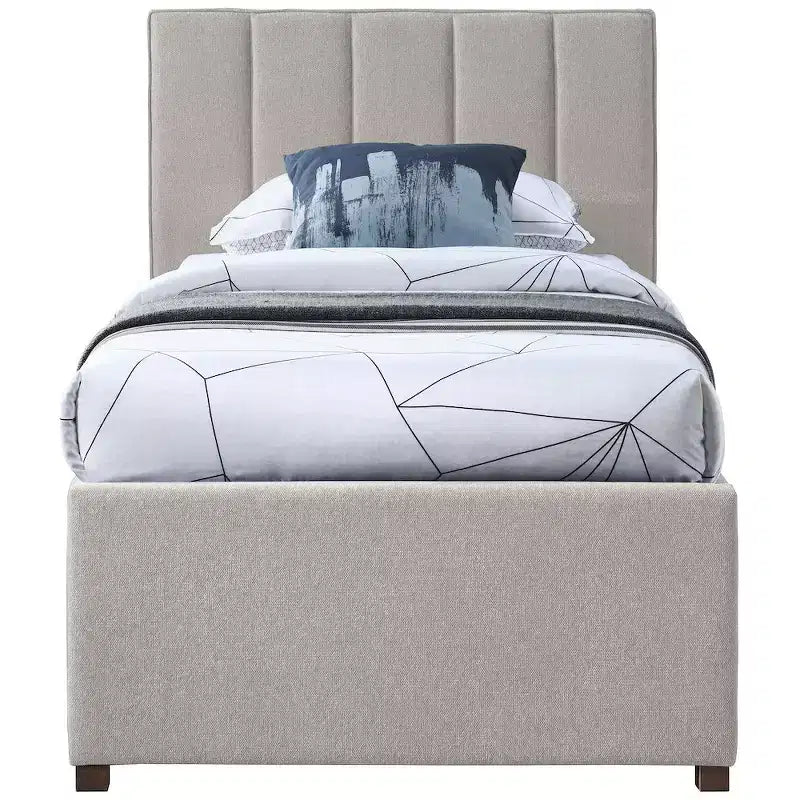 Letto estraibile doppio con struttura in lino beige/grigio/blu navy, rivestimento moderno, per 2 persone