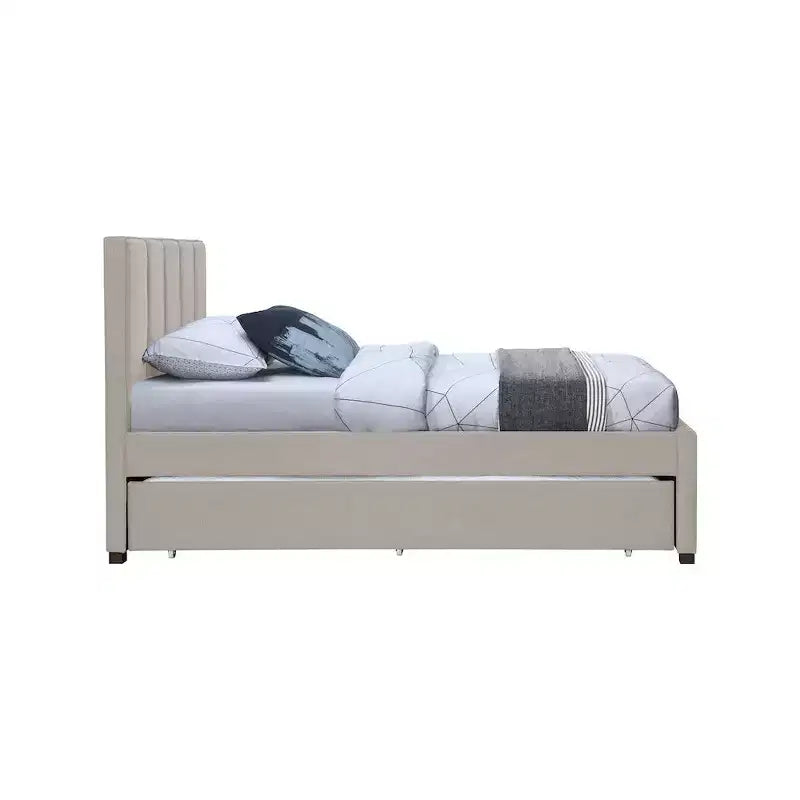 Letto estraibile doppio con struttura in lino beige/grigio/blu navy, rivestimento moderno, per 2 persone