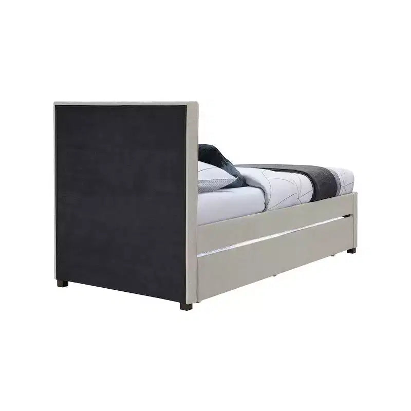 Letto estraibile doppio con struttura in lino beige/grigio/blu navy, rivestimento moderno, per 2 persone
