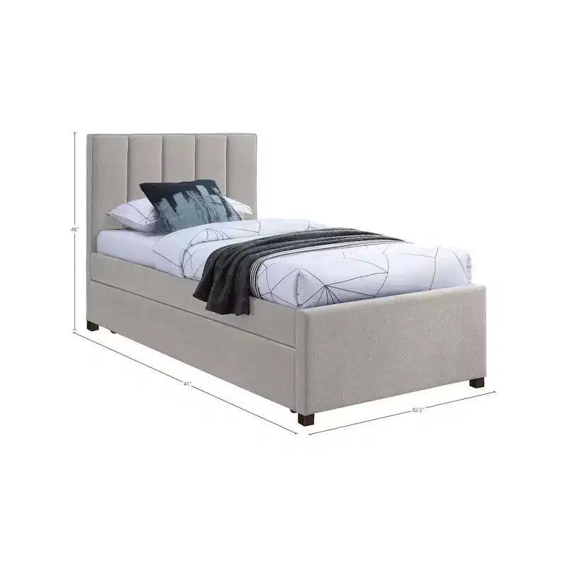 Letto estraibile doppio con struttura in lino beige/grigio/blu navy, rivestimento moderno, per 2 persone