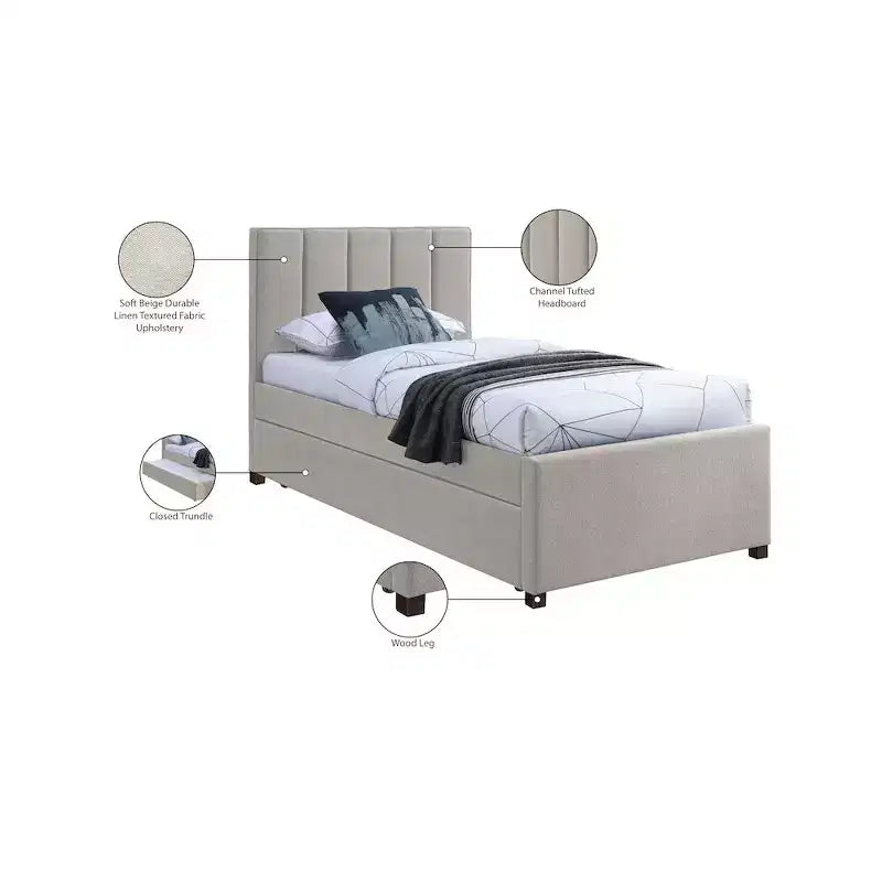 Letto estraibile doppio con struttura in lino beige/grigio/blu navy, rivestimento moderno, per 2 persone