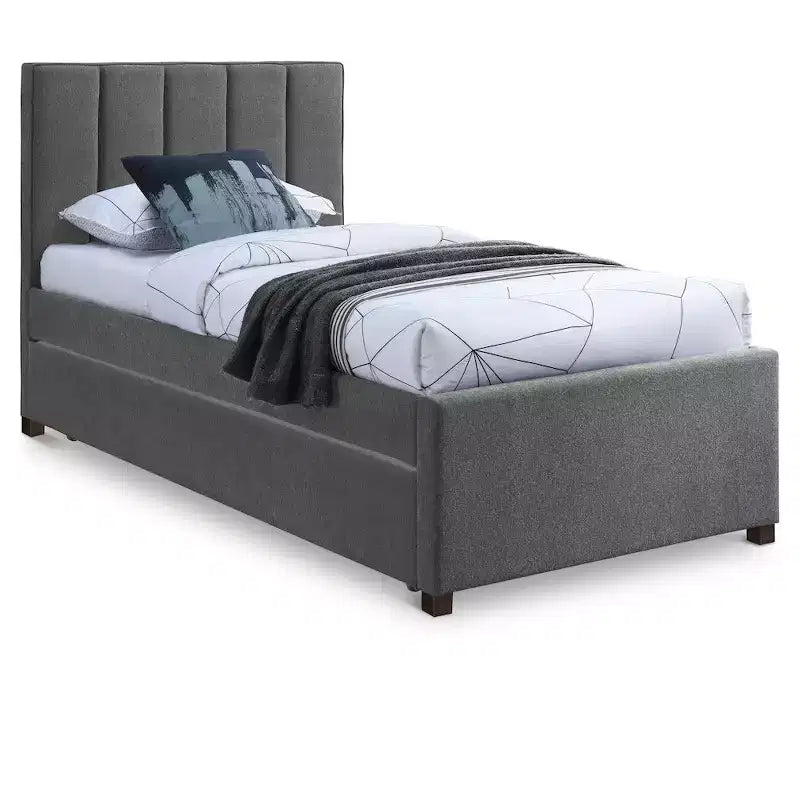 Letto estraibile doppio con struttura in lino beige/grigio/blu navy, rivestimento moderno, per 2 persone