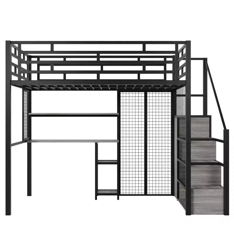Letto a soppalco full size con scrivania, armadio e scaletta contenitore — Bianco/Nero — 1 persona