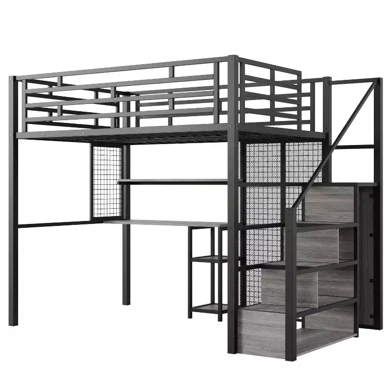Letto a soppalco full size con scrivania, armadio e scaletta contenitore — Bianco/Nero — 1 persona