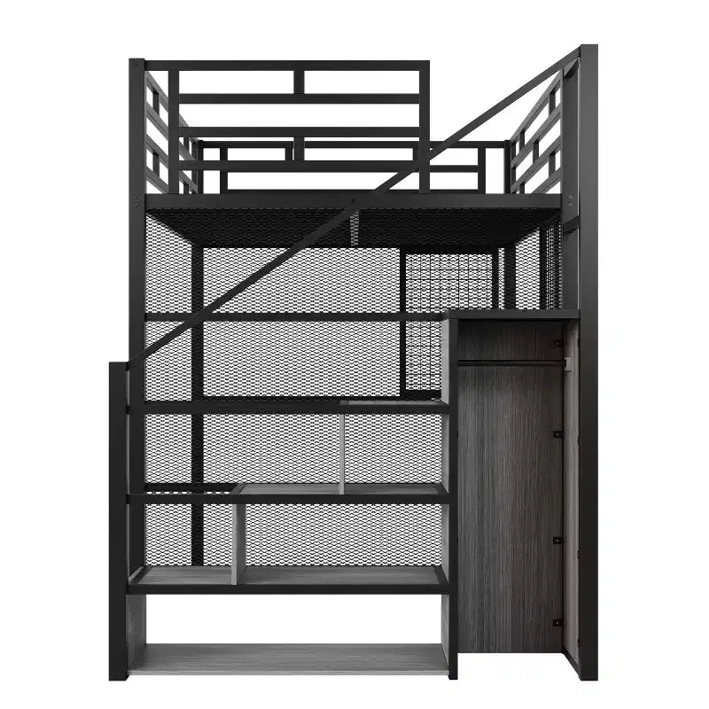 Letto a soppalco full size con scrivania, armadio e scaletta contenitore — Bianco/Nero — 1 persona