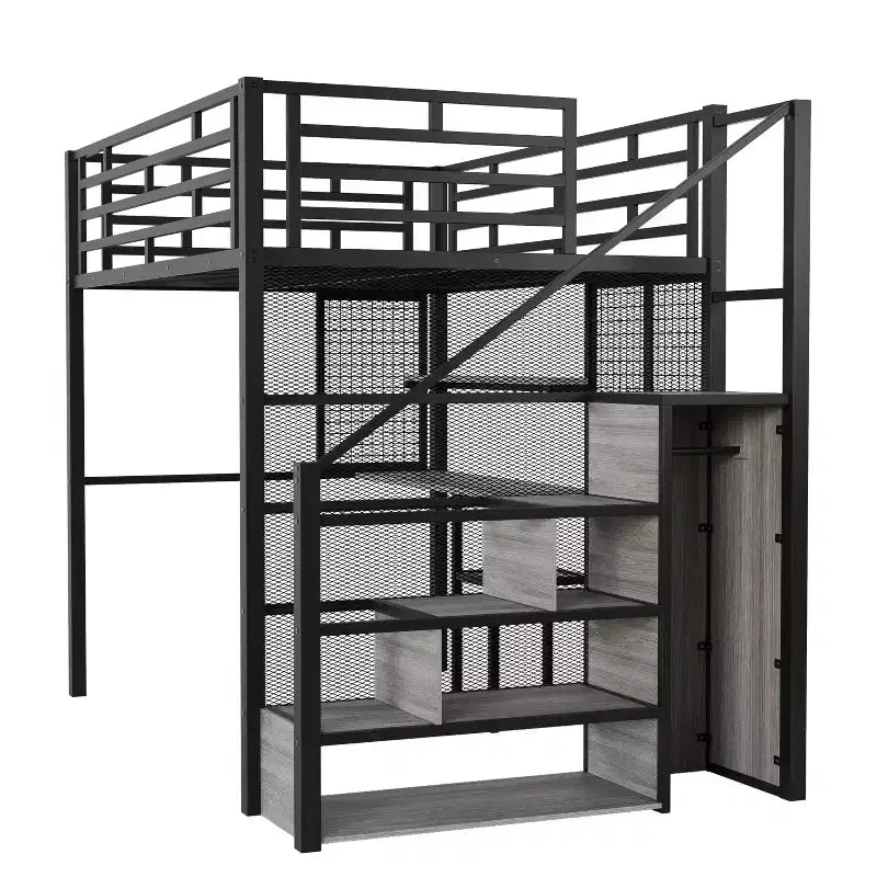 Letto a soppalco full size con scrivania, armadio e scaletta contenitore — Bianco/Nero — 1 persona