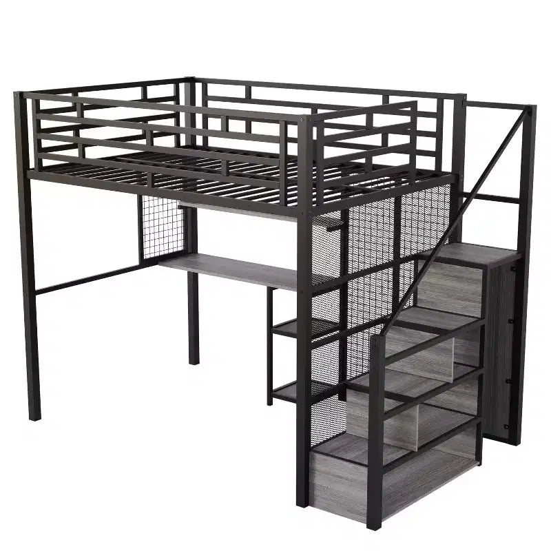 Letto a soppalco full size con scrivania, armadio e scaletta contenitore — Bianco/Nero — 1 persona
