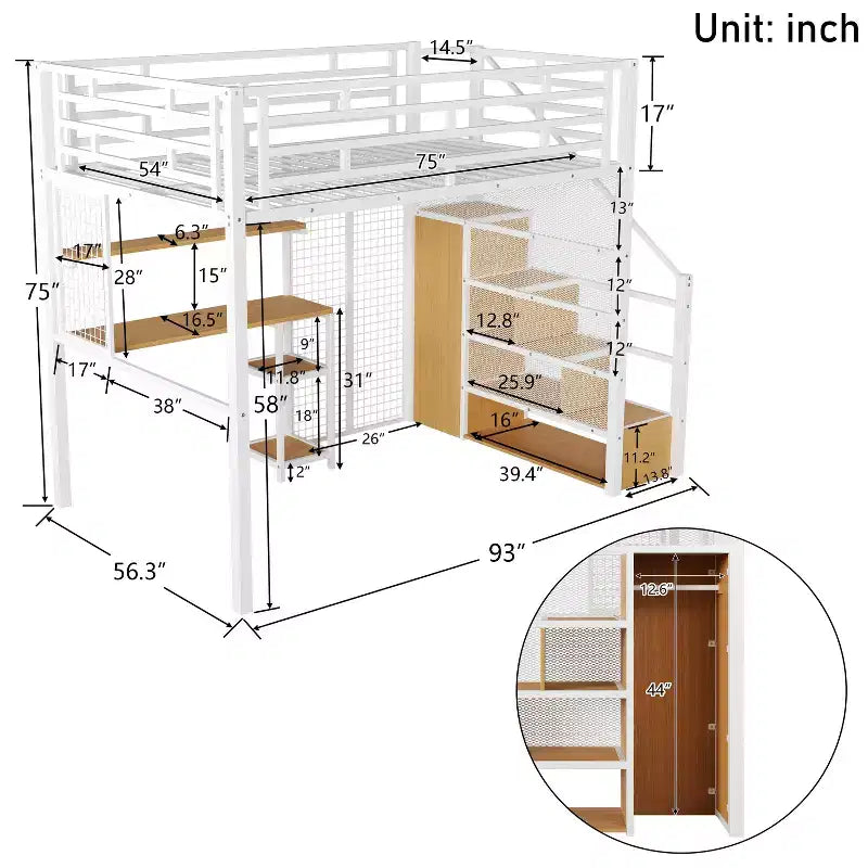 Letto a soppalco full size con scrivania, armadio e scaletta contenitore — Bianco/Nero — 1 persona