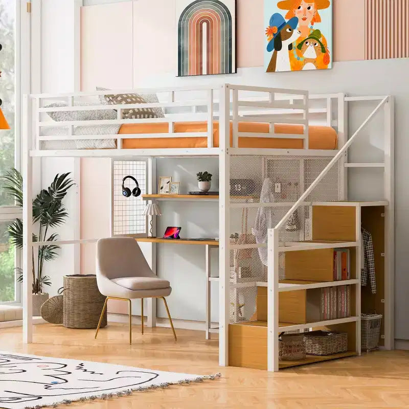 Letto a soppalco full size con scrivania, armadio e scaletta contenitore — Bianco/Nero — 1 persona