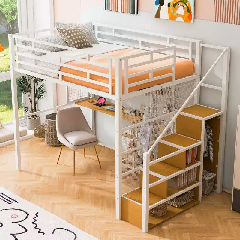 Letto a soppalco full size con scrivania, armadio e scaletta contenitore — Bianco/Nero — 1 persona