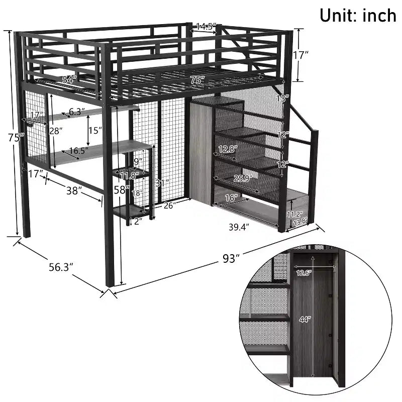 Letto a soppalco full size con scrivania, armadio e scaletta contenitore — Bianco/Nero — 1 persona