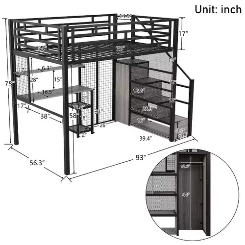 Letto a soppalco full size con scrivania, armadio e scaletta contenitore — Bianco/Nero — 1 persona