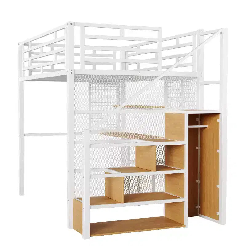 Letto a soppalco full size con scrivania, armadio e scaletta contenitore — Bianco/Nero — 1 persona