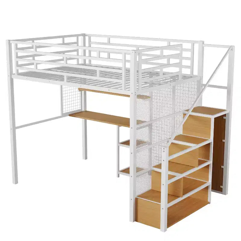 Letto a soppalco full size con scrivania, armadio e scaletta contenitore — Bianco/Nero — 1 persona