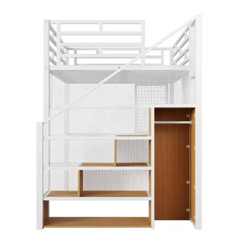 Letto a soppalco full size con scrivania, armadio e scaletta contenitore — Bianco/Nero — 1 persona
