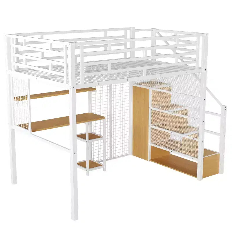 Letto a soppalco full size con scrivania, armadio e scaletta contenitore — Bianco/Nero — 1 persona