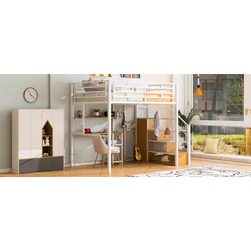 Letto a soppalco full size con scrivania, armadio e scaletta contenitore — Bianco/Nero — 1 persona
