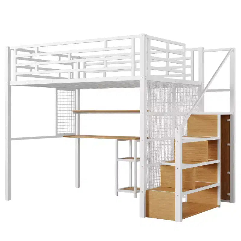 Letto a soppalco full size con scrivania, armadio e scaletta contenitore — Bianco/Nero — 1 persona