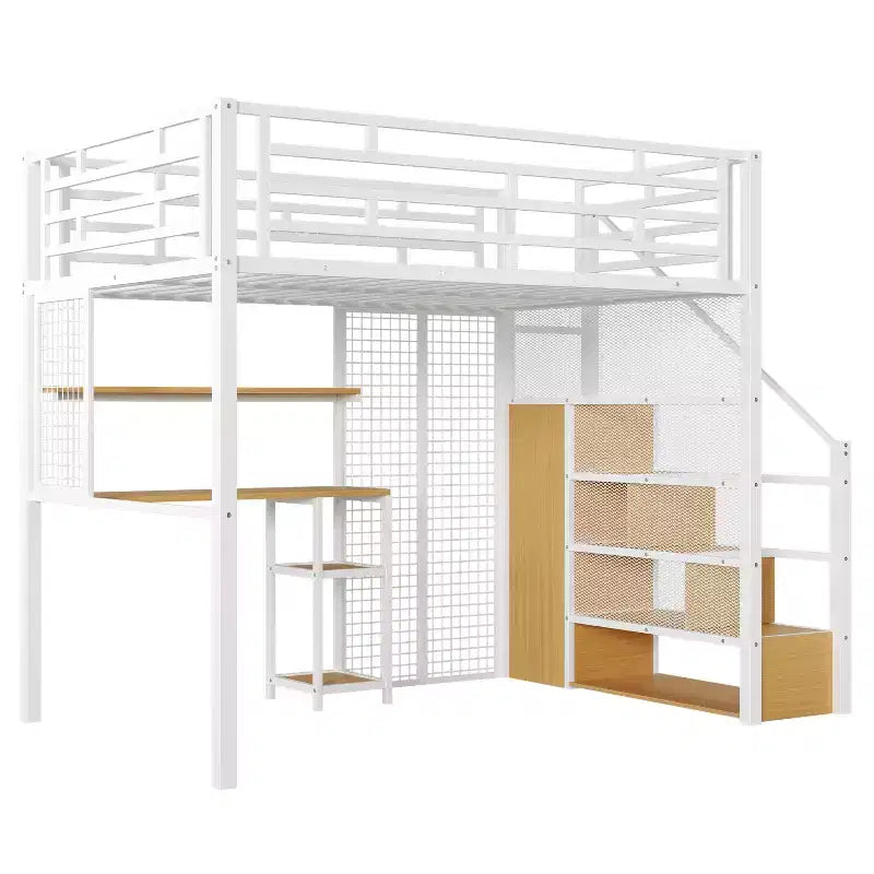 Letto a soppalco full size con scrivania, armadio e scaletta contenitore — Bianco/Nero — 1 persona