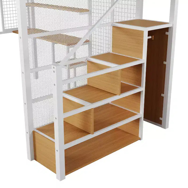 Letto a soppalco full size con scrivania, armadio e scaletta contenitore — Bianco/Nero — 1 persona