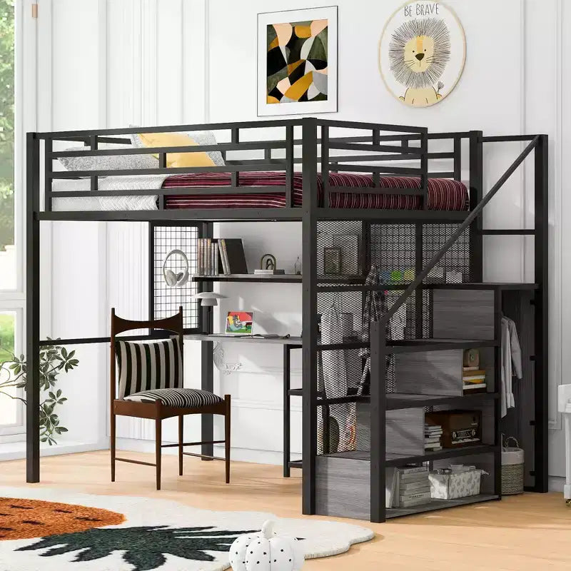 Letto a soppalco full size con scrivania, armadio e scaletta contenitore — Bianco/Nero — 1 persona