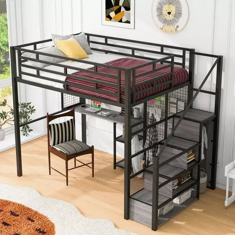 Letto a soppalco full size con scrivania, armadio e scaletta contenitore — Bianco/Nero — 1 persona