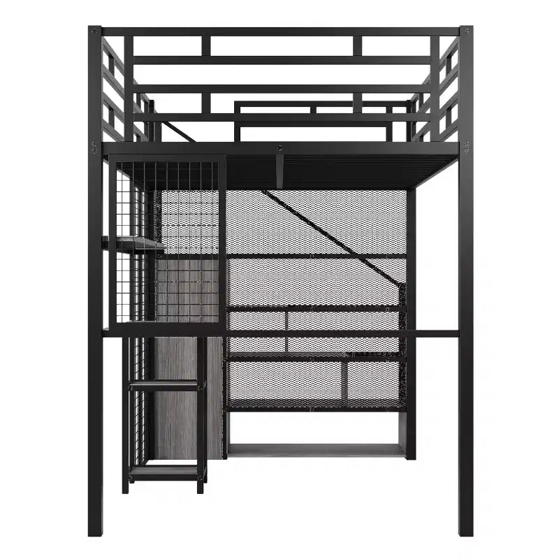 Letto a soppalco full size con scrivania, armadio e scaletta contenitore — Bianco/Nero — 1 persona