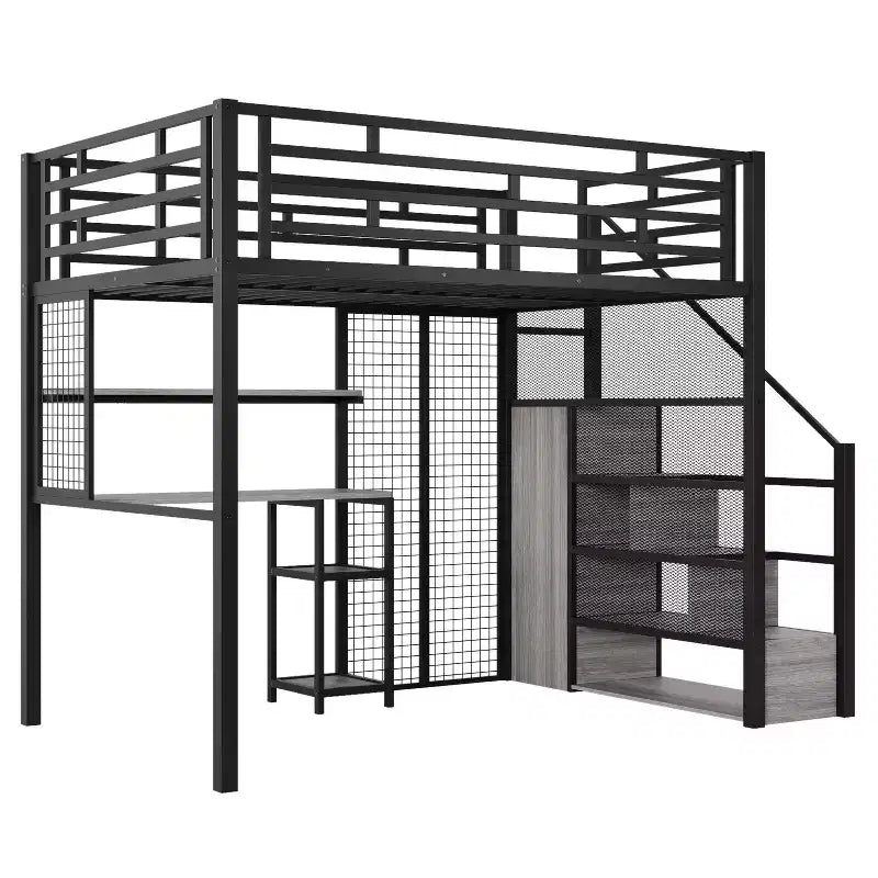 Letto a soppalco full size con scrivania, armadio e scaletta contenitore — Bianco/Nero — 1 persona