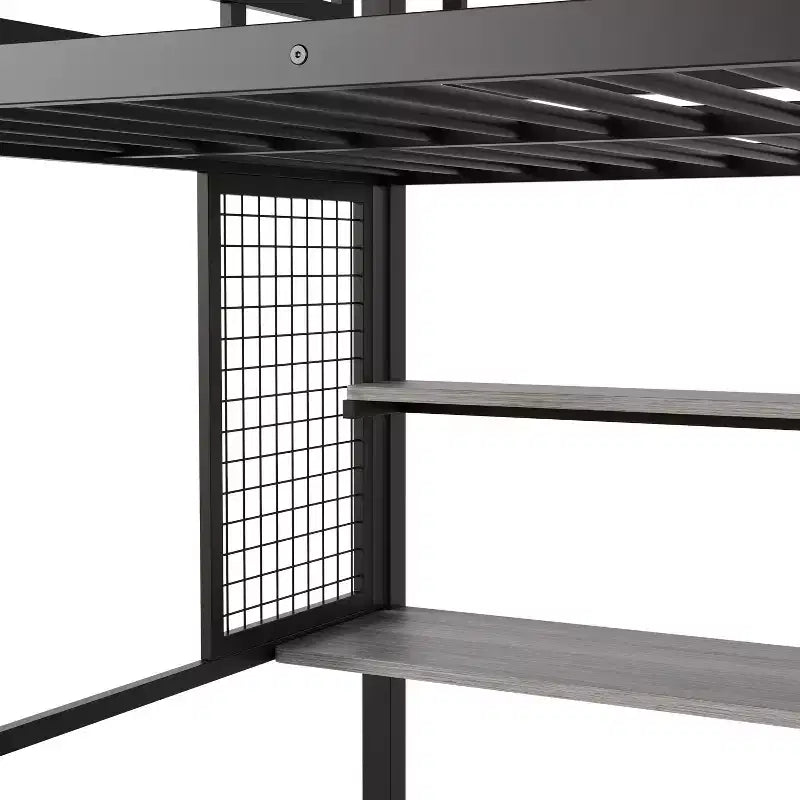 Letto a soppalco full size con scrivania, armadio e scaletta contenitore — Bianco/Nero — 1 persona
