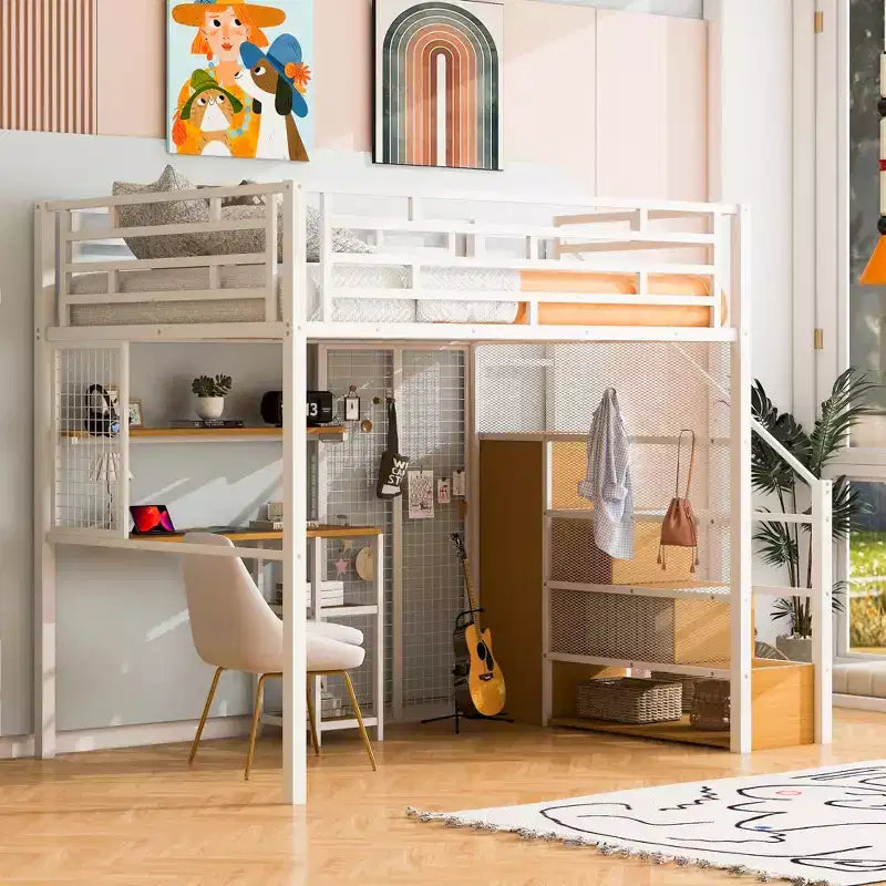 Letto a soppalco full size con scrivania, armadio e scaletta contenitore — Bianco/Nero — 1 persona