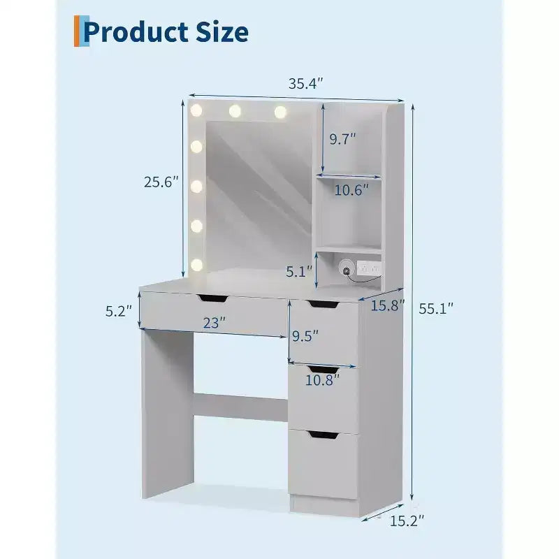 Toeletta alta 140 cm con specchio illuminato — Nero / Grigio / Rosa / Bianco, Posto singolo