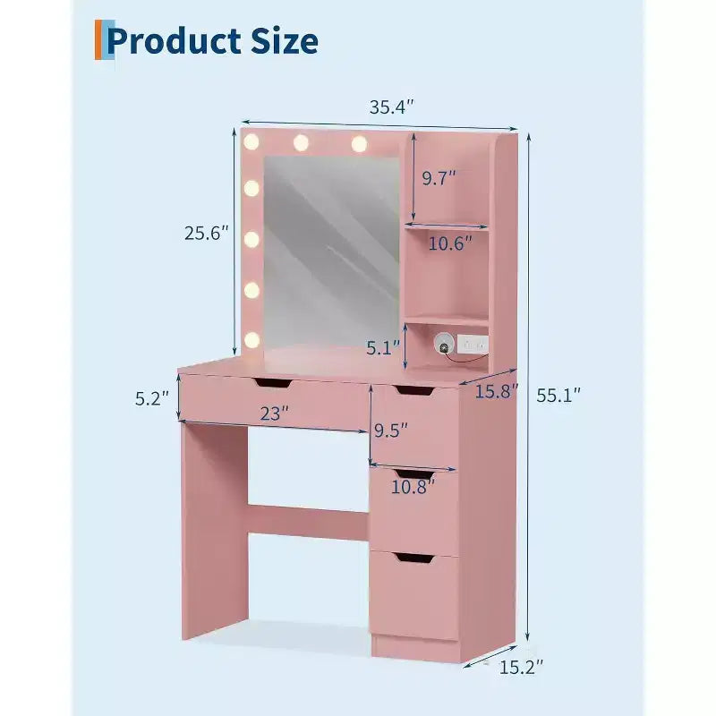 Toeletta alta 140 cm con specchio illuminato — Nero / Grigio / Rosa / Bianco, Posto singolo