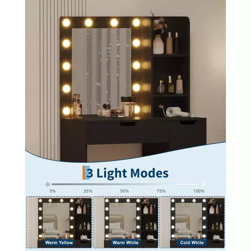 Toeletta alta 140 cm con specchio illuminato — Nero / Grigio / Rosa / Bianco, Posto singolo