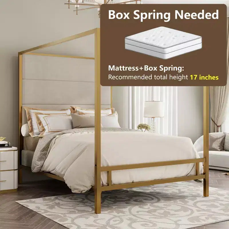 Letto a baldacchino moderno king nero/bianco e oro/marrone chiaro, testiera in lino, per 2