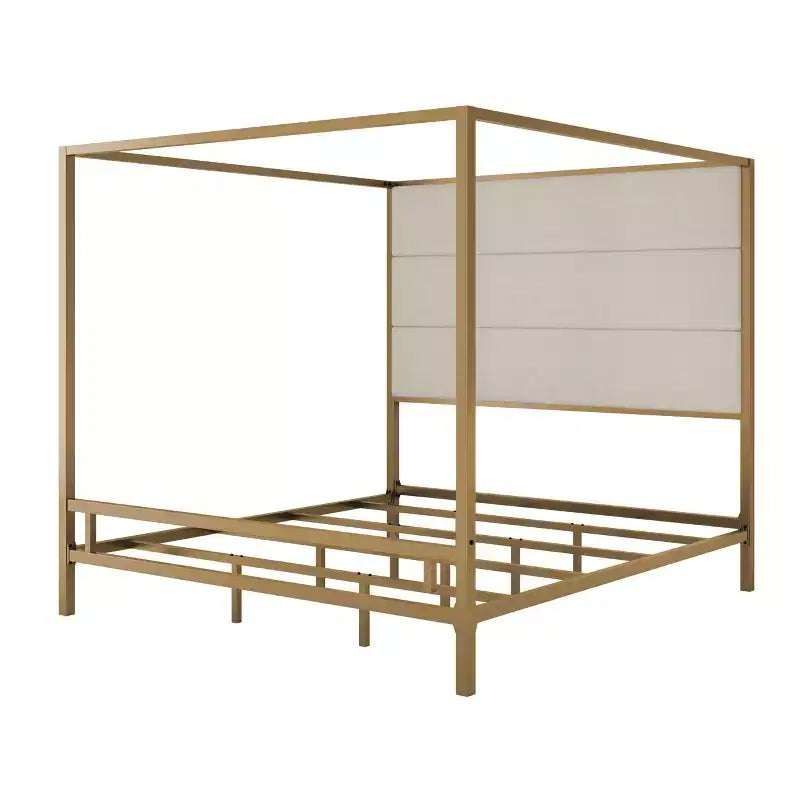 Letto a baldacchino moderno king nero/bianco e oro/marrone chiaro, testiera in lino, per 2