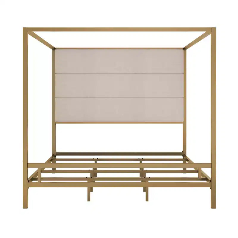 Letto a baldacchino moderno king nero/bianco e oro/marrone chiaro, testiera in lino, per 2