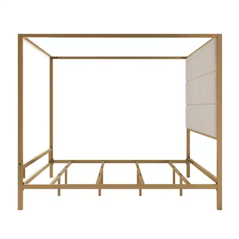 Letto a baldacchino moderno king nero/bianco e oro/marrone chiaro, testiera in lino, per 2